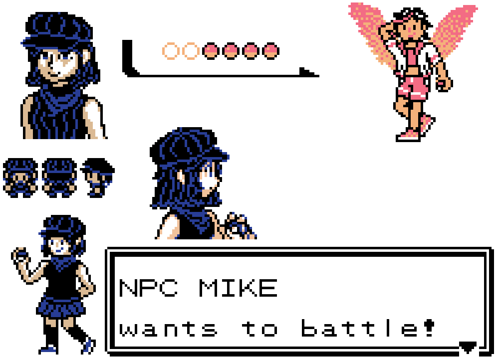 a collection of sprites in the style of Pokemon Gold/Silver/Crystal. most of them depict a girl with dark neck-length hair wearing a black newsboy cap, a black sleeveless top, a blue neckerchief, a blue skirt, black knee-high socks, and blue sneakers. another sprite depicts a young man with short dark hair with a pink streak, a small moustache and goatee, and large orange and pink wings wearing a pink crop top, a white bomber jacket, pink shorts, and pink/orange hi-top sneakers.