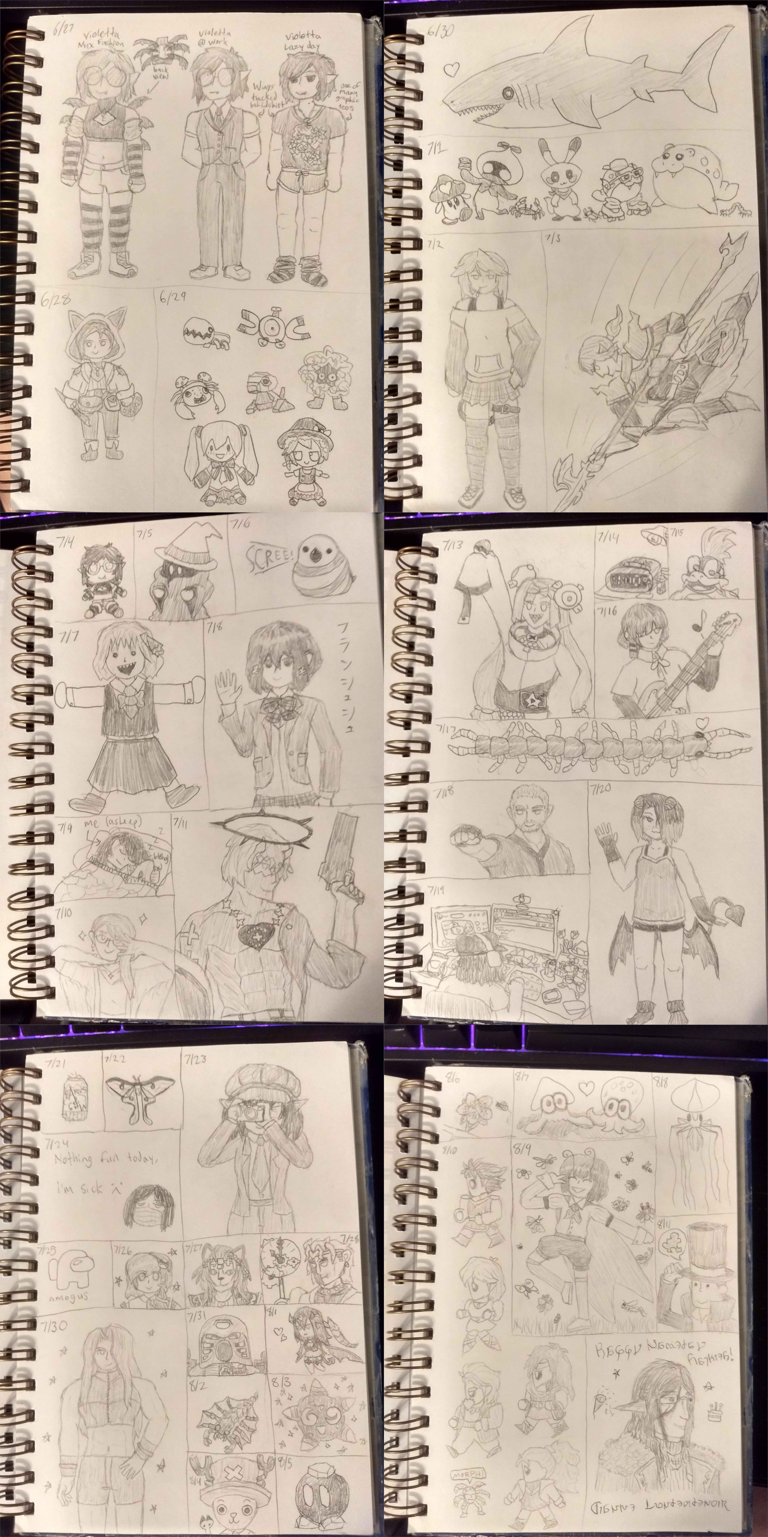 a compilation of 6 sketchbook pages, each page filled out with numerous small drawings each with a date in the corner.