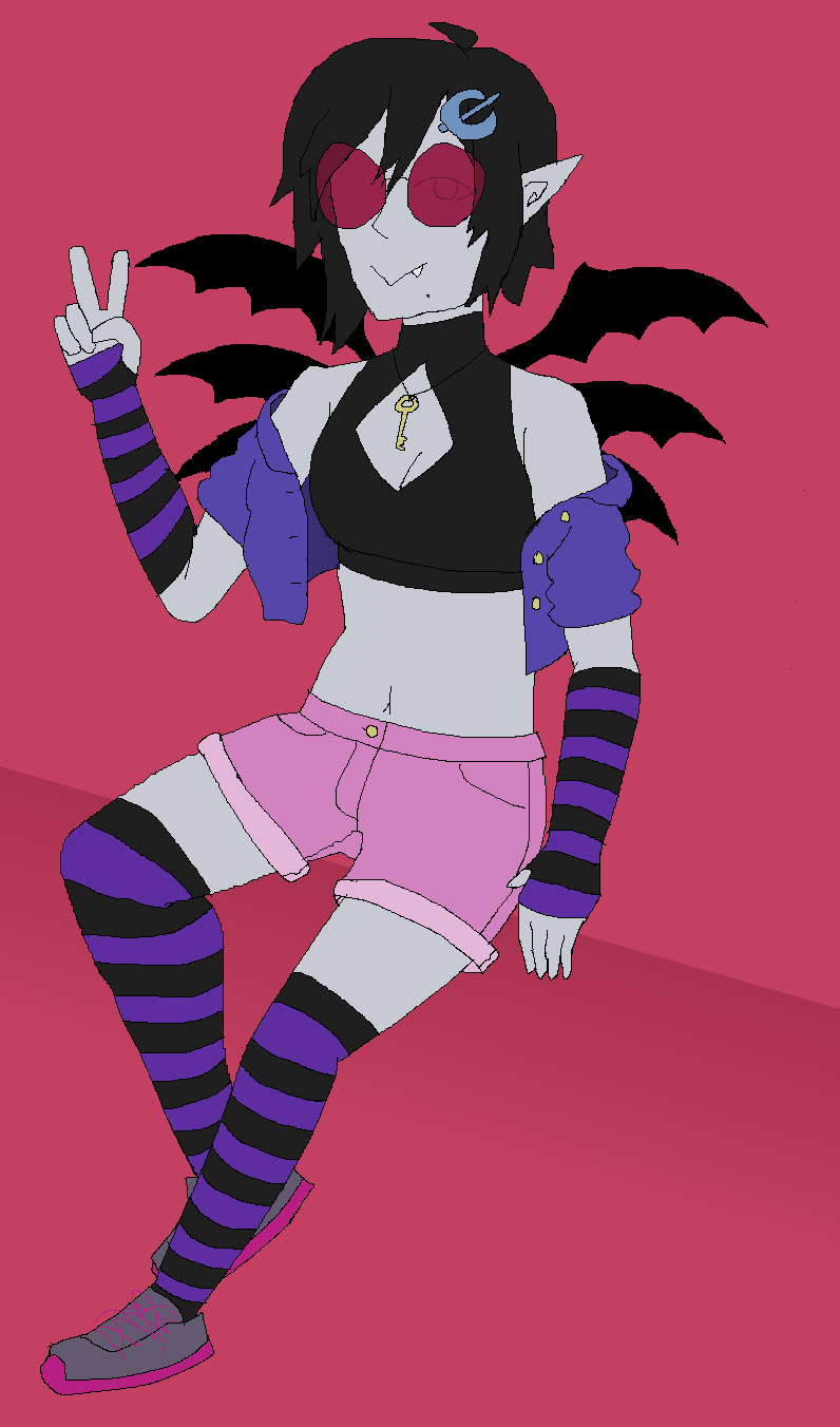 a depiction of a character in a very rough style, with messy lineart and flat colouring. the character in question is a female vampire sitting on an abstract surface and posing towards the viewer. she has pale grey skin, messy neck-length black hair, pointed ears, and 6 small stylized black bat wings.  she is wearing a pair of large red circular sunglasses, a light blue crescent moon-shaped hairpin, a blue coat loosely off the shoulders, a tight black crop top with a diamond cut out over her chest and tall collar covering her neck, pink shorts, purple and black striped socks, matching purple and black striped fingerless sleeves, grey and magenta sneakers, and a key strung around her neck. she is smiling towards the viewer mischievously and holding her right hand up in a peace sign.